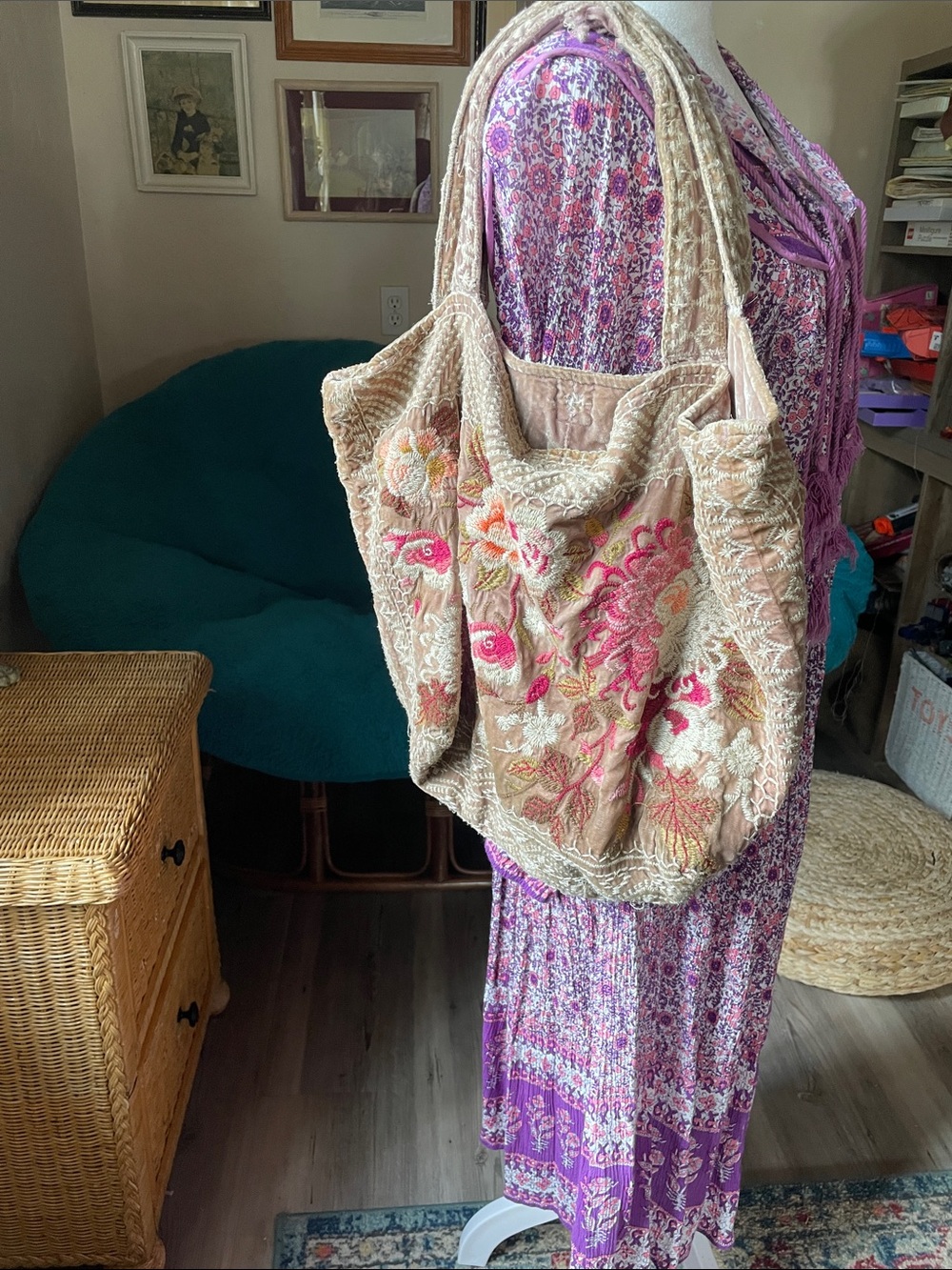 Johnny Was Floral Embroidered Velvet Tote Bag